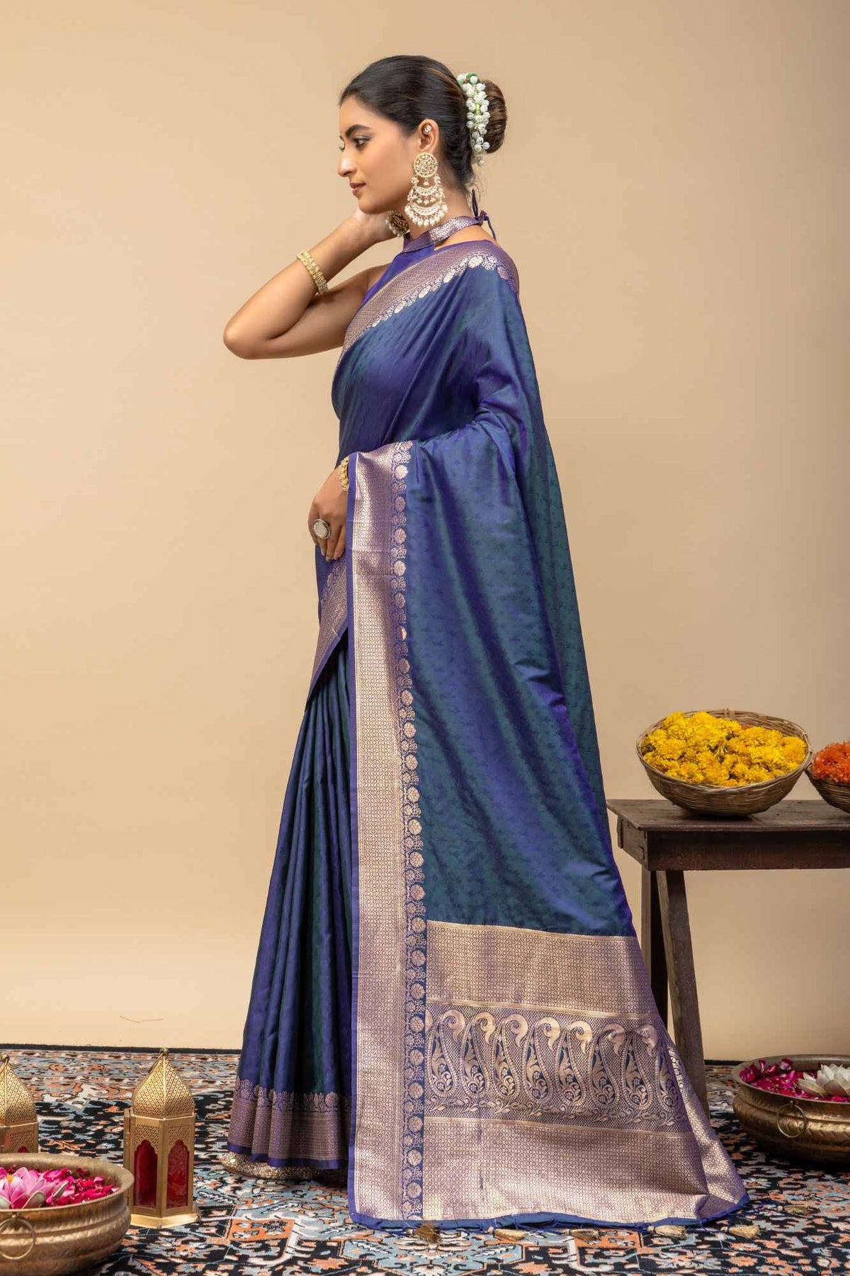 Traditional Kanjivaram Style Deep Blue Soft Silk Saree with All-Over Self Jacquard Weaving & Blouse Piece