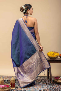Traditional Kanjivaram Style Deep Blue Soft Silk Saree with All-Over Self Jacquard Weaving & Blouse Piece