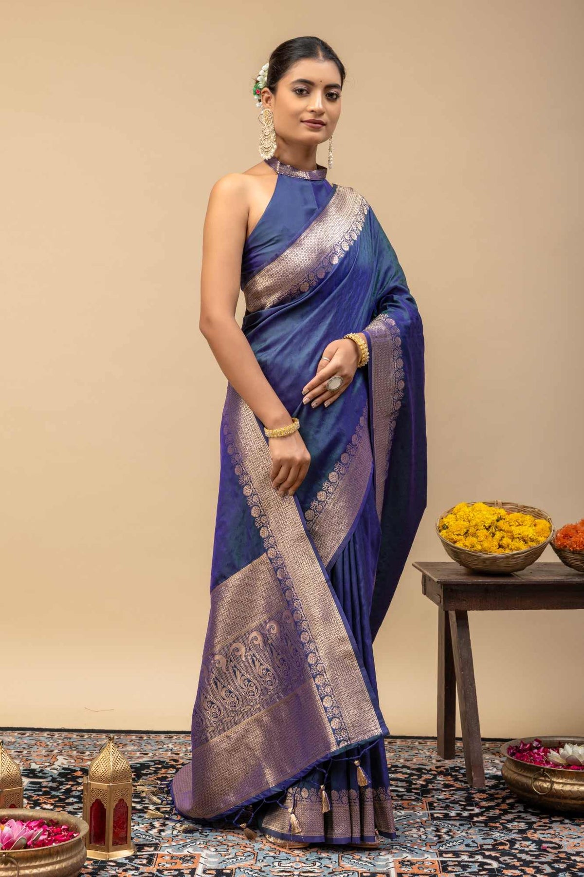 Traditional Kanjivaram Style Deep Blue Soft Silk Saree with All-Over Self Jacquard Weaving & Blouse Piece