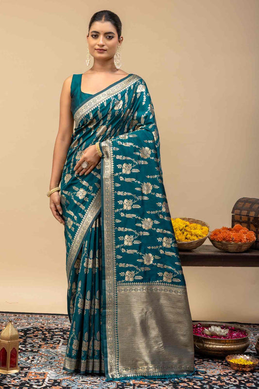 Peacock Green Banarasi Soft Silk Saree with Silver Zari Floral Weaving & Unstitched Blouse Piece