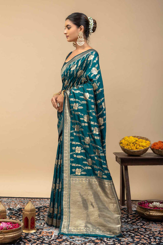 Peacock Green Banarasi Soft Silk Saree with Silver Zari Floral Weaving & Unstitched Blouse Piece
