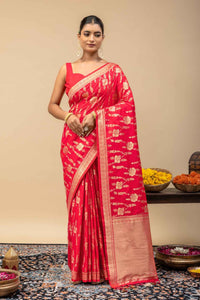 Traditional Bridal Red Woven Silk Saree with All-Over Floral Bel Jaal & Unstitched Blouse Piece
