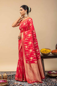 Traditional Bridal Red Woven Silk Saree with All-Over Floral Bel Jaal & Unstitched Blouse Piece