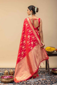 Traditional Bridal Red Woven Silk Saree with All-Over Floral Bel Jaal & Unstitched Blouse Piece
