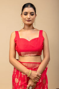 Traditional Bridal Red Woven Silk Saree with All-Over Floral Bel Jaal & Unstitched Blouse Piece