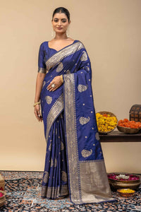 Traditional Midnight Blue Kanjivaram Style Silk Saree with All-Over Kalka Zari Work & Blouse Piece