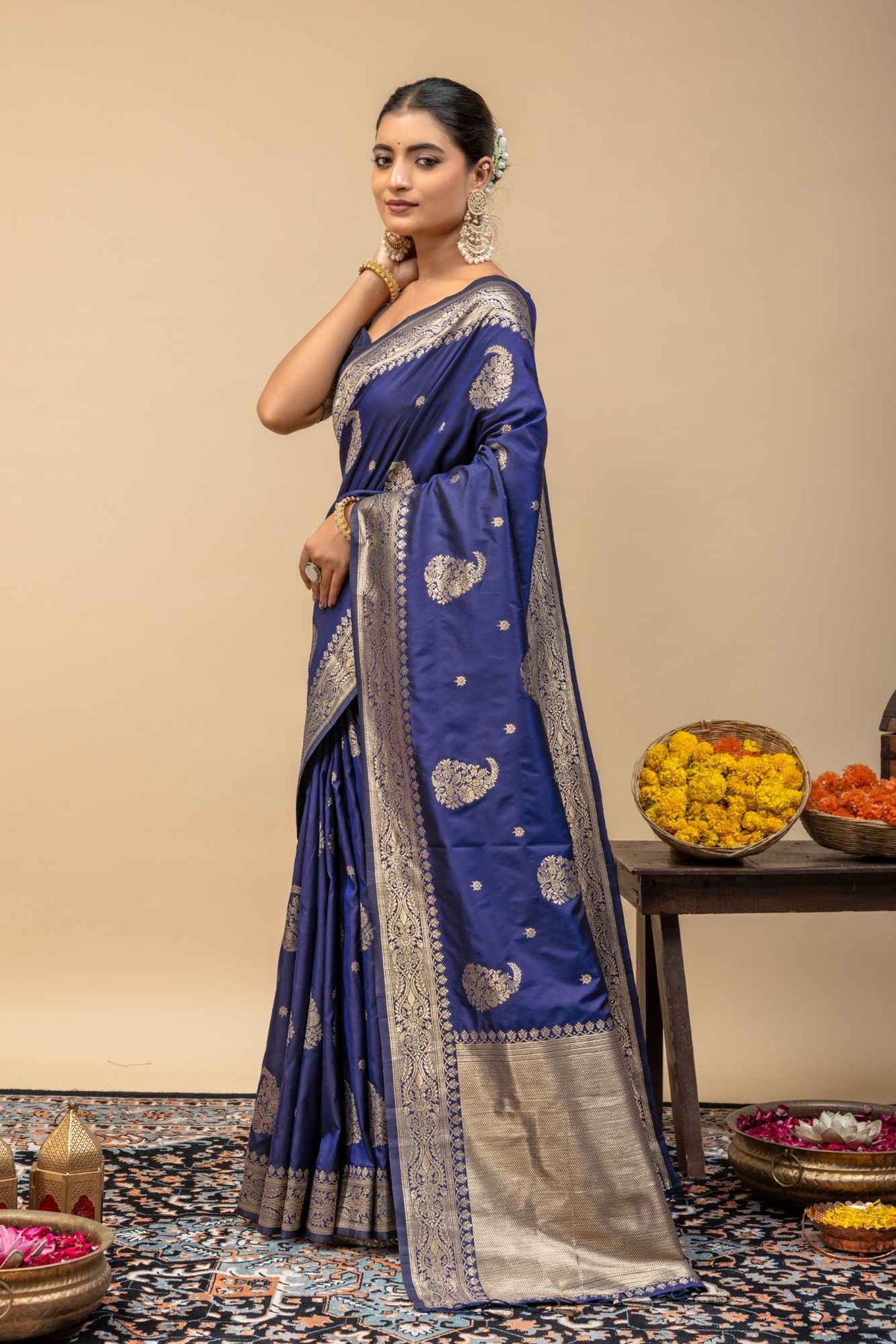 Traditional Midnight Blue Kanjivaram Style Silk Saree with All-Over Kalka Zari Work & Blouse Piece