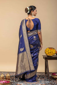Traditional Midnight Blue Kanjivaram Style Silk Saree with All-Over Kalka Zari Work & Blouse Piece
