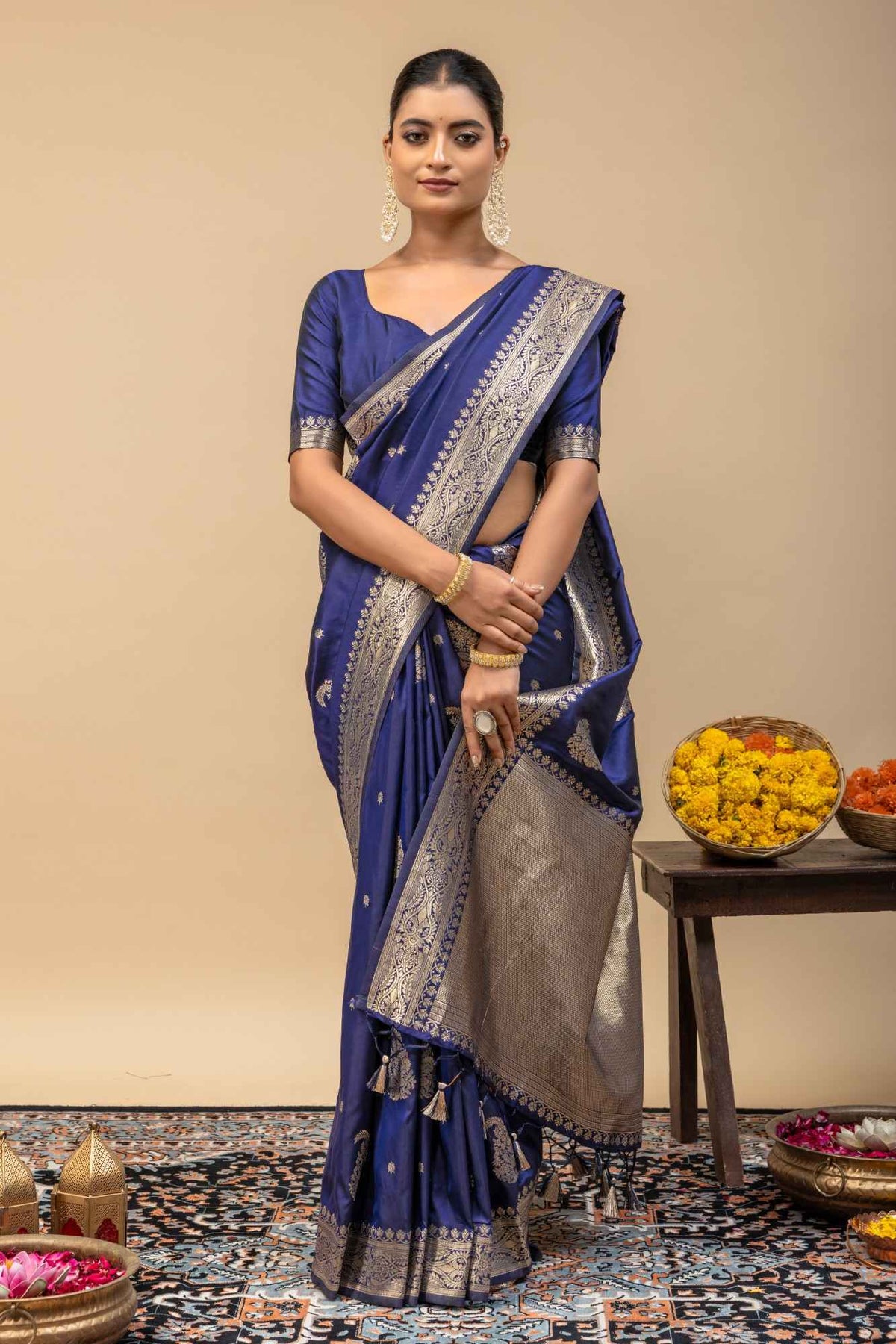 Traditional Midnight Blue Kanjivaram Style Silk Saree with All-Over Kalka Zari Work & Blouse Piece