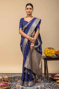 Traditional Midnight Blue Kanjivaram Style Silk Saree with All-Over Kalka Zari Work & Blouse Piece