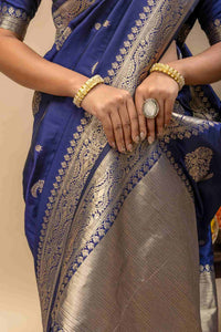 Traditional Midnight Blue Kanjivaram Style Silk Saree with All-Over Kalka Zari Work & Blouse Piece