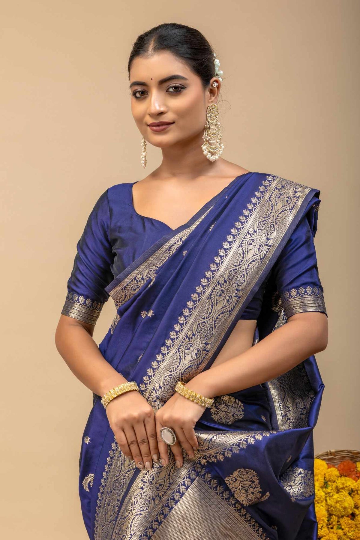 Traditional Midnight Blue Kanjivaram Style Silk Saree with All-Over Kalka Zari Work & Blouse Piece