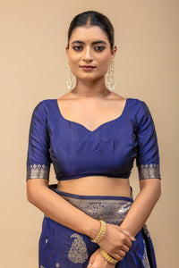 Traditional Midnight Blue Kanjivaram Style Silk Saree with All-Over Kalka Zari Work & Blouse Piece