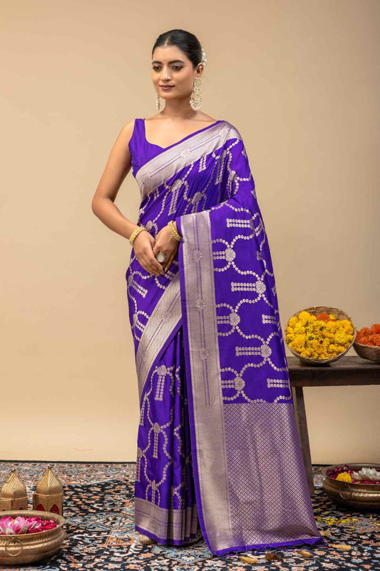 Traditional Violet Kanjivaram Style Silk Saree with All-Over Silver Zari Work ane Blouse Piece