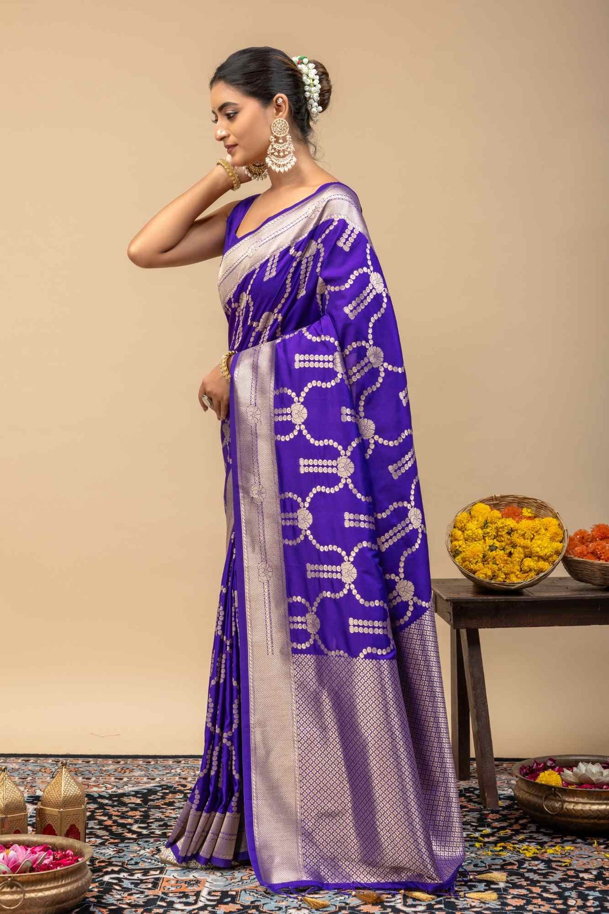 Traditional Violet Kanjivaram Style Silk Saree with All-Over Silver Zari Work ane Blouse Piece