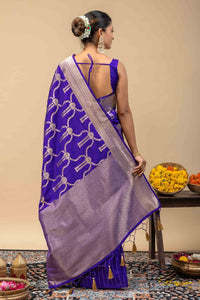 Traditional Violet Kanjivaram Style Silk Saree with All-Over Silver Zari Work ane Blouse Piece
