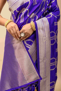 Traditional Violet Kanjivaram Style Silk Saree with All-Over Silver Zari Work ane Blouse Piece