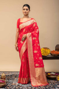 Traditional Festive Red Kanjivaram Style Silk Saree with All-Over Zari Floral Motif & Blouse Piece