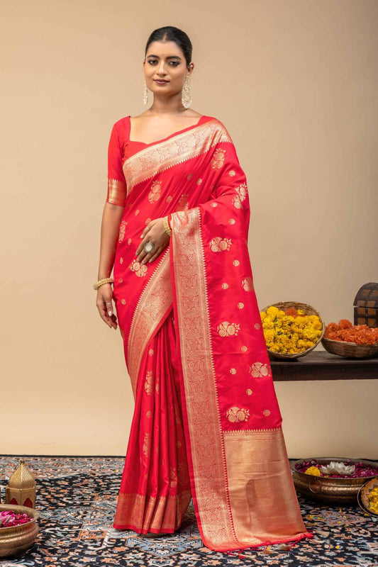 Traditional Festive Red Kanjivaram Style Silk Saree with All-Over Zari Floral Motif & Blouse Piece