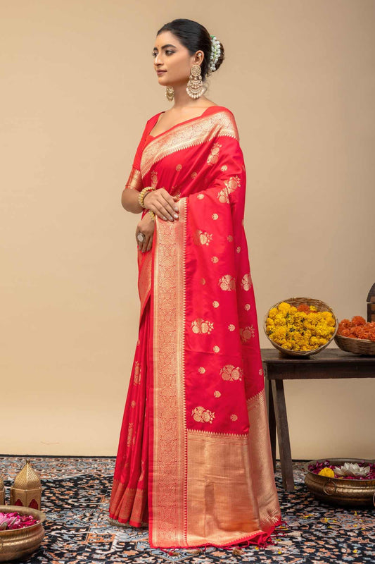 Traditional Festive Red Kanjivaram Style Silk Saree with All-Over Zari Floral Motif & Blouse Piece