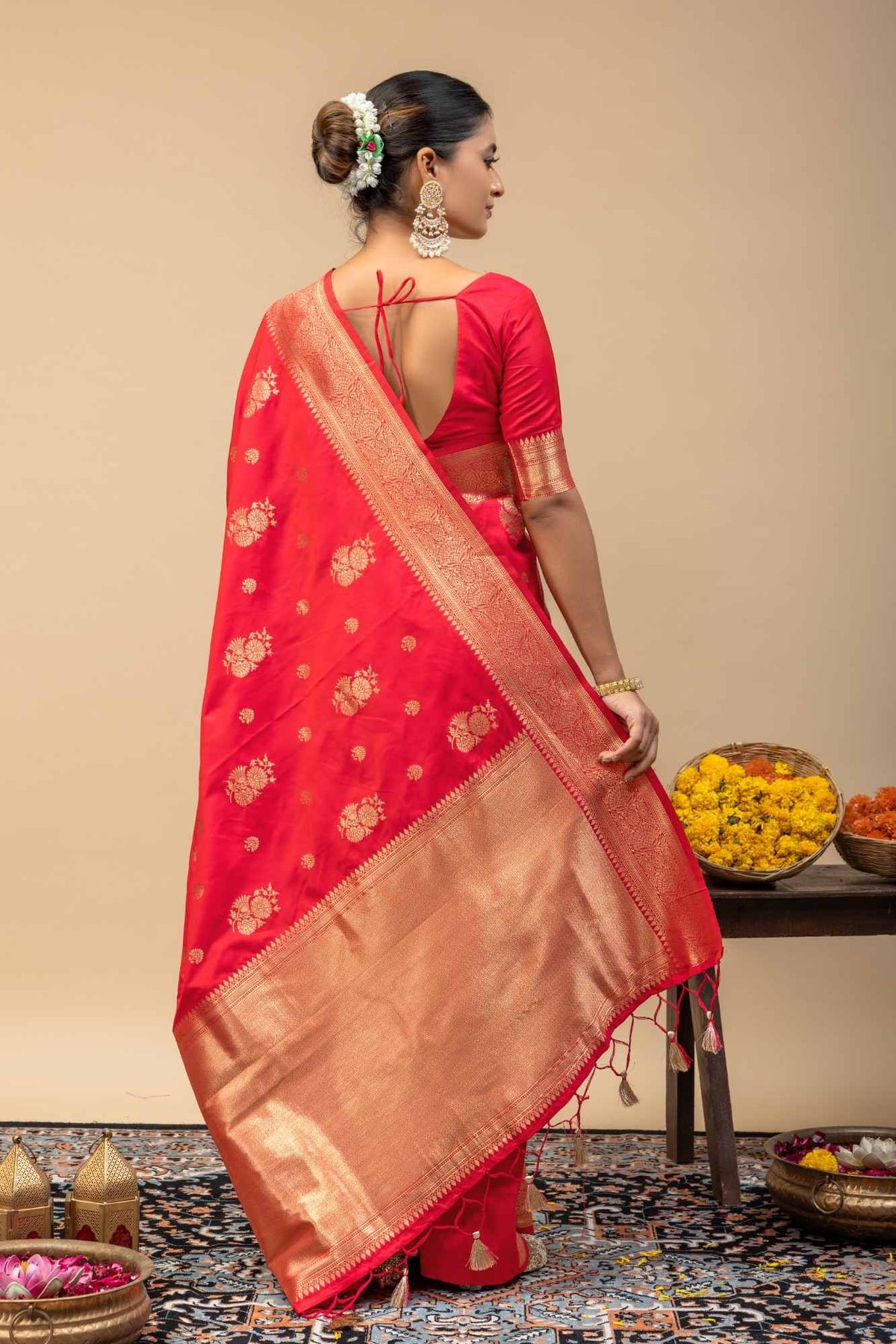 Traditional Festive Red Kanjivaram Style Silk Saree with All-Over Zari Floral Motif & Blouse Piece