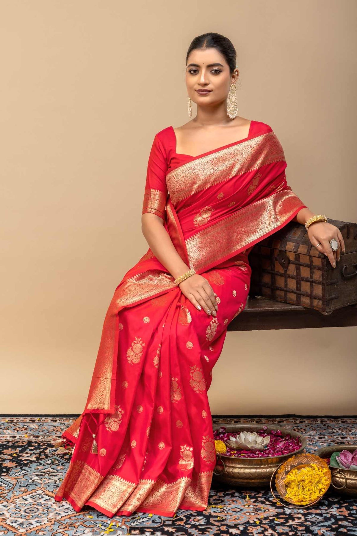 Traditional Festive Red Kanjivaram Style Silk Saree with All-Over Zari Floral Motif & Blouse Piece