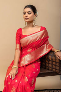 Traditional Festive Red Kanjivaram Style Silk Saree with All-Over Zari Floral Motif & Blouse Piece