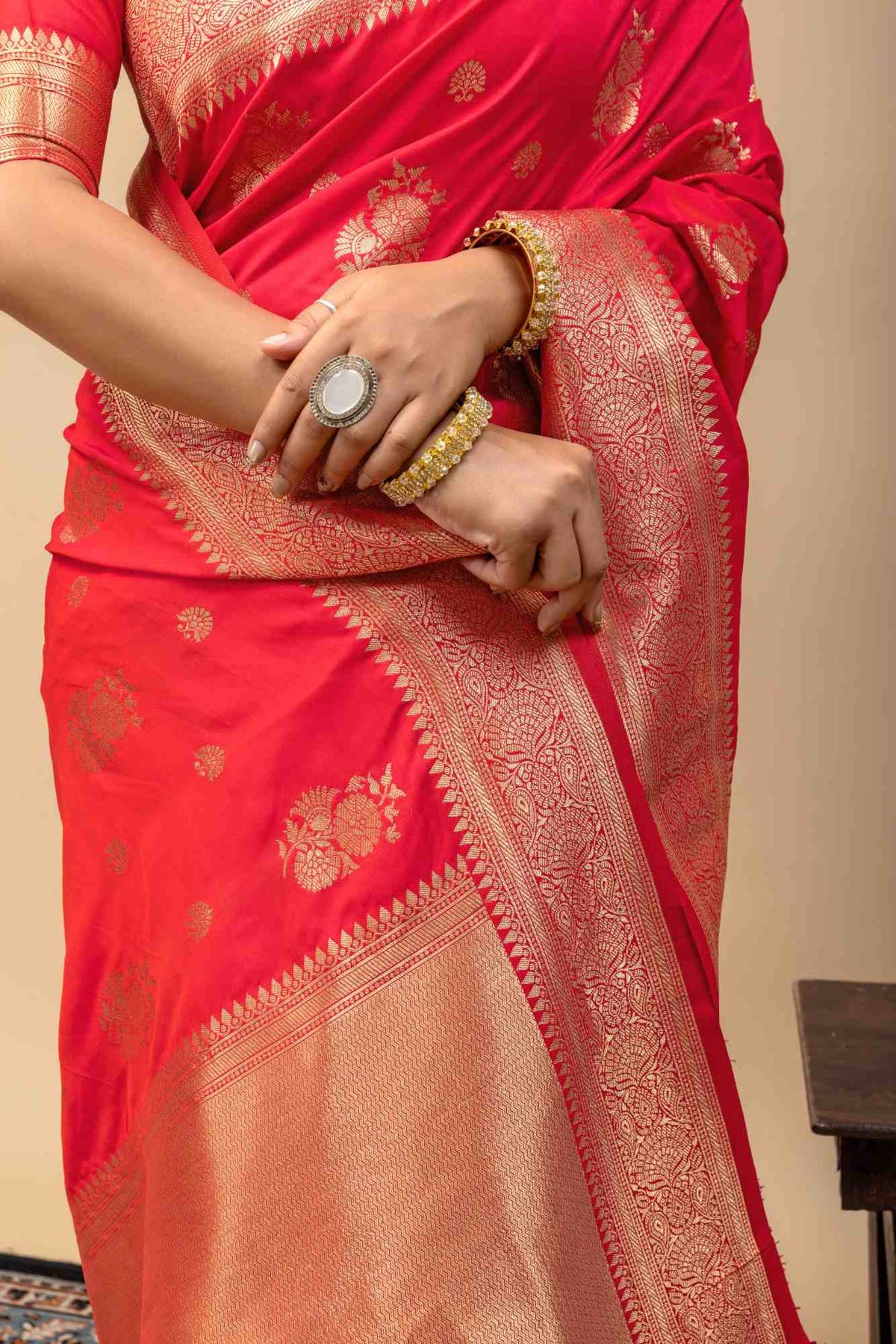 Traditional Festive Red Kanjivaram Style Silk Saree with All-Over Zari Floral Motif & Blouse Piece