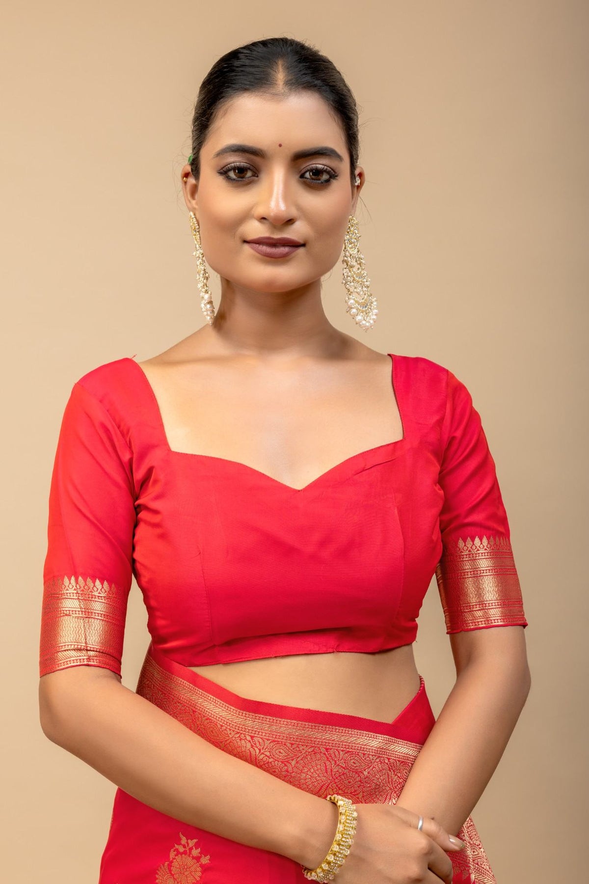 Traditional Festive Red Kanjivaram Style Silk Saree with All-Over Zari Floral Motif & Blouse Piece