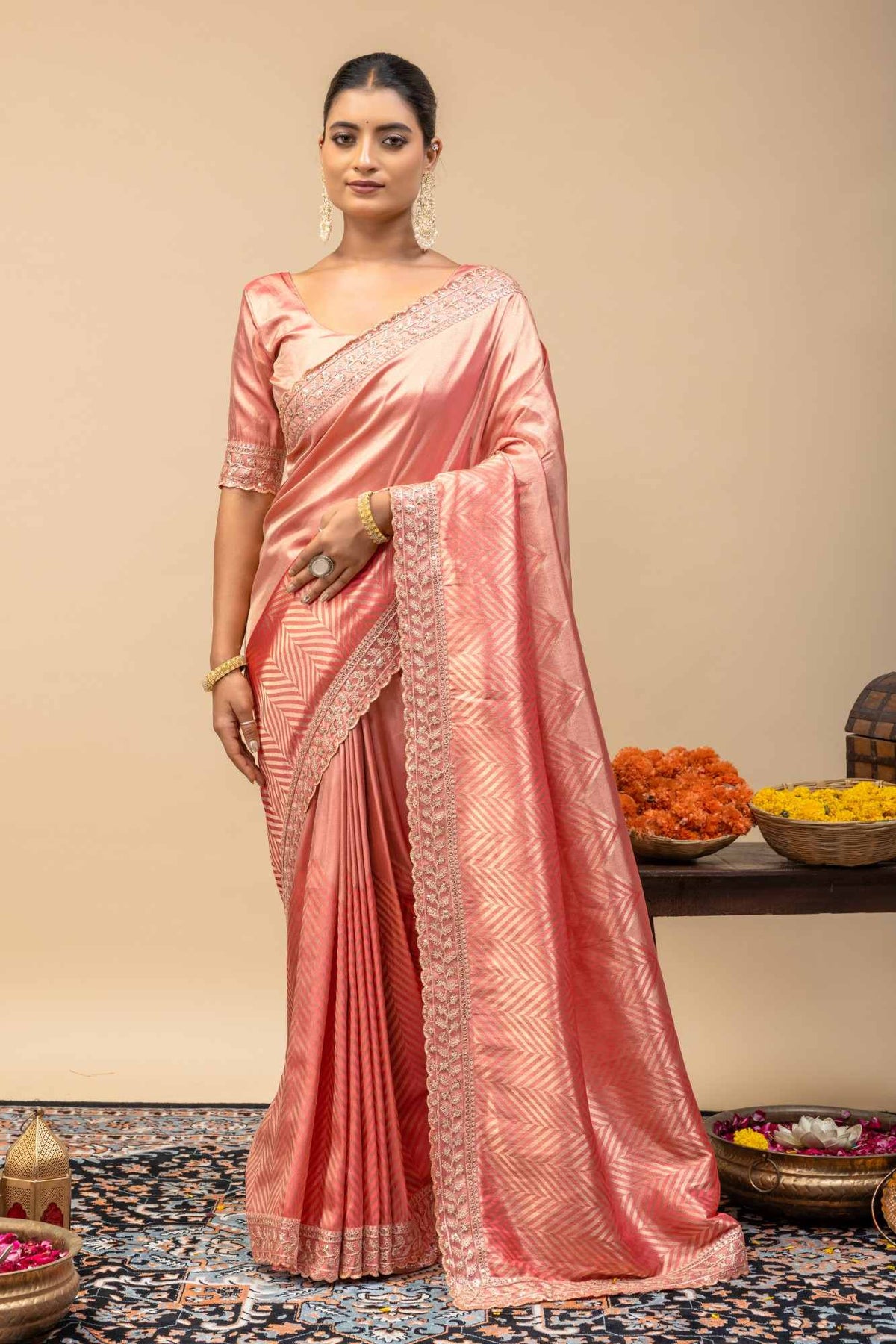 Pastel Pink Soft Satin Festive Saree with Zari Chevron Weaving & Designer Cutwork Border
