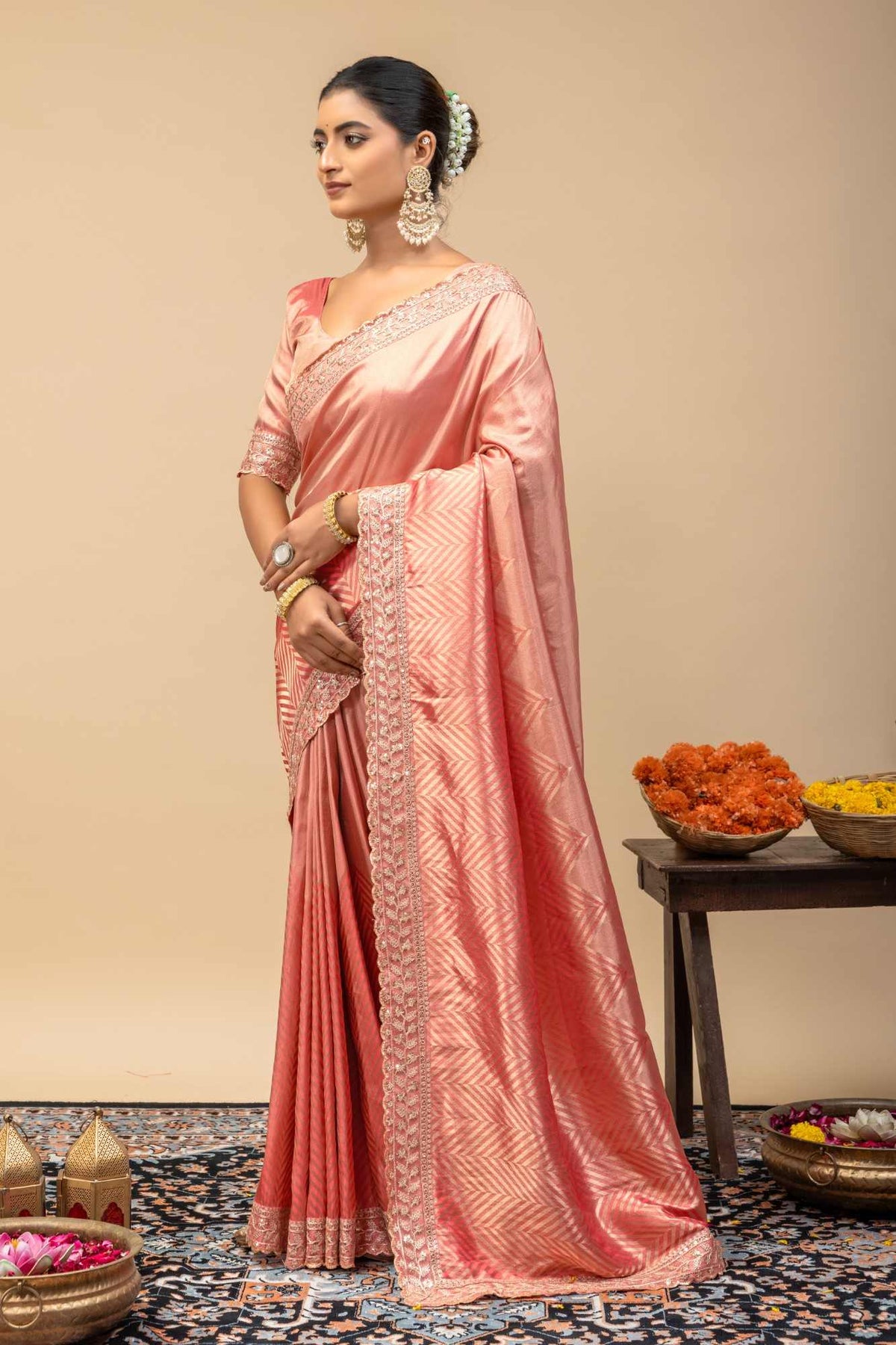 Pastel Pink Soft Satin Festive Saree with Zari Chevron Weaving & Designer Cutwork Border