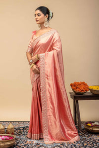 Pastel Pink Soft Satin Festive Saree with Zari Chevron Weaving & Designer Cutwork Border