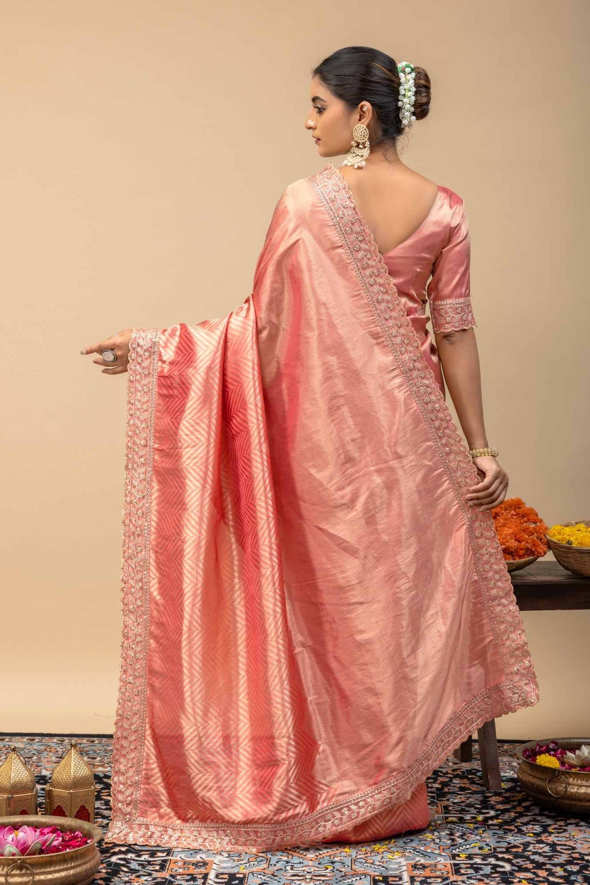 Pastel Pink Soft Satin Festive Saree with Zari Chevron Weaving & Designer Cutwork Border