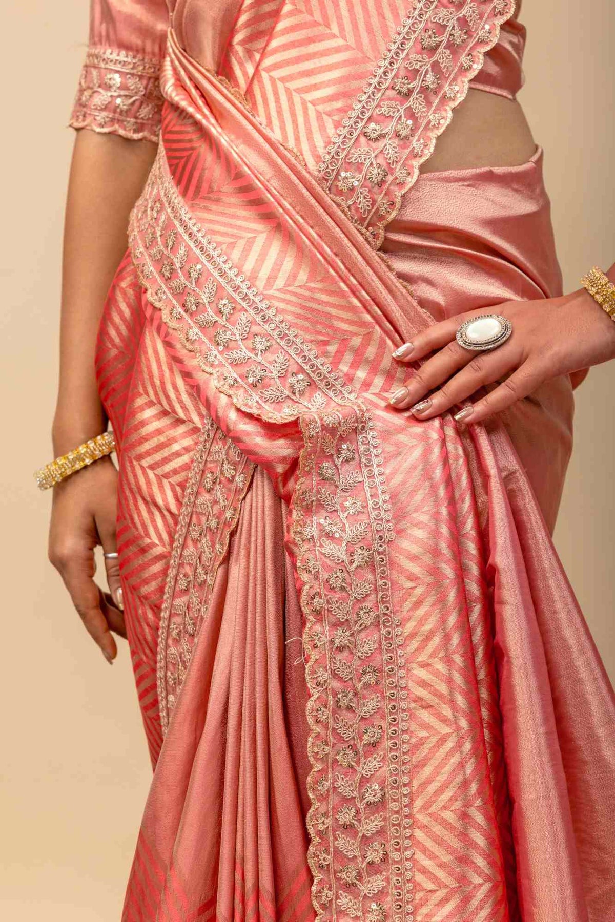 Pastel Pink Soft Satin Festive Saree with Zari Chevron Weaving & Designer Cutwork Border