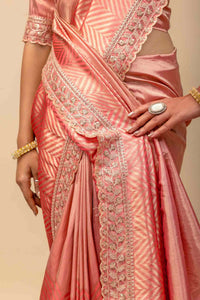 Pastel Pink Soft Satin Festive Saree with Zari Chevron Weaving & Designer Cutwork Border