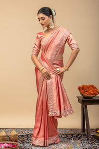 Pastel Pink Soft Satin Festive Saree with Zari Chevron Weaving & Designer Cutwork Border