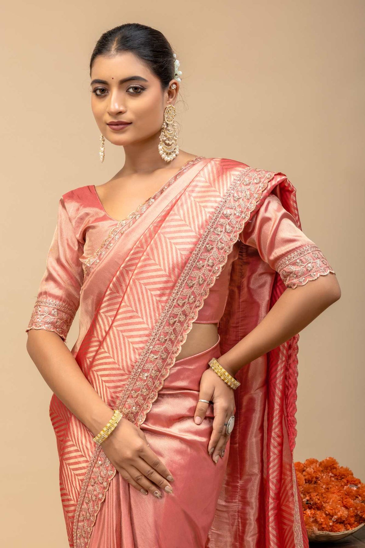 Pastel Pink Soft Satin Festive Saree with Zari Chevron Weaving & Designer Cutwork Border