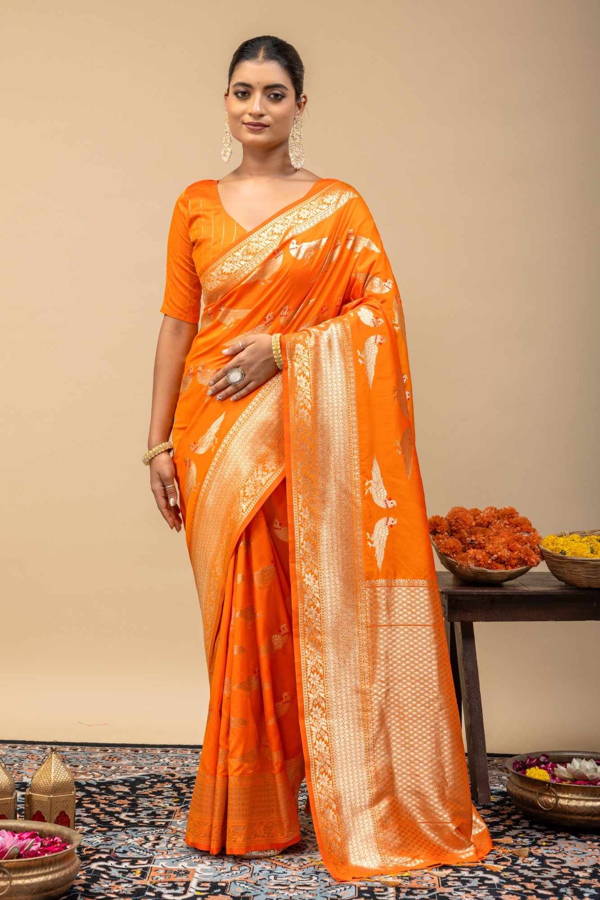 Traditional Tangerine Orange Kanjivaram Style Silk Saree with All-Over Zari Weaving & Blouse Piece