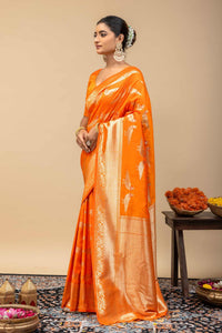 Traditional Tangerine Orange Kanjivaram Style Silk Saree with All-Over Zari Weaving & Blouse Piece