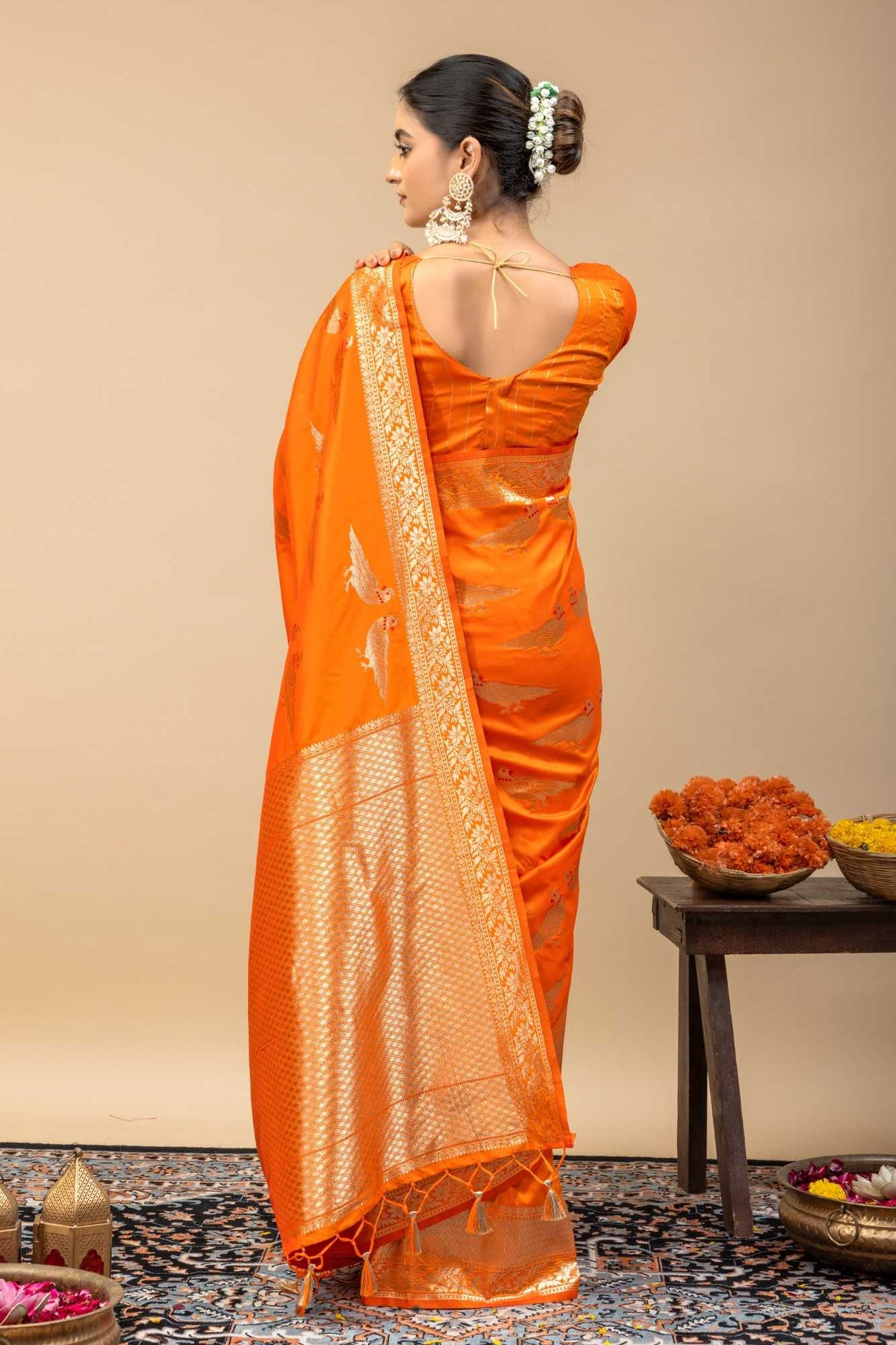 Traditional Tangerine Orange Kanjivaram Style Silk Saree with All-Over Zari Weaving & Blouse Piece