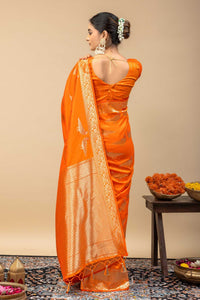 Traditional Tangerine Orange Kanjivaram Style Silk Saree with All-Over Zari Weaving & Blouse Piece