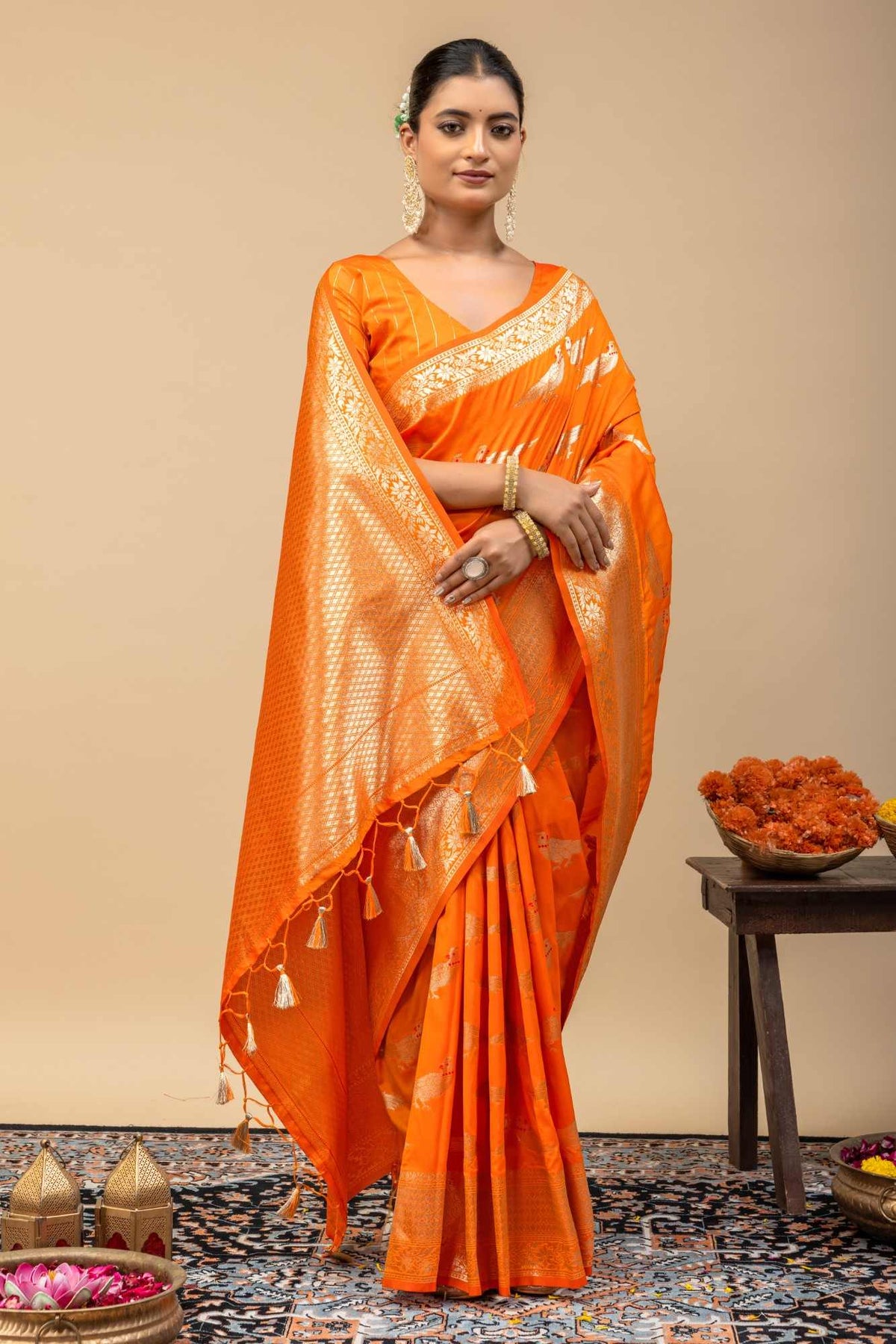 Traditional Tangerine Orange Kanjivaram Style Silk Saree with All-Over Zari Weaving & Blouse Piece