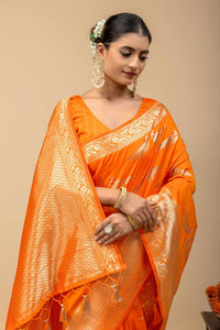 Traditional Tangerine Orange Kanjivaram Style Silk Saree with All-Over Zari Weaving & Blouse Piece