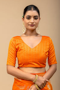 Traditional Tangerine Orange Kanjivaram Style Silk Saree with All-Over Zari Weaving & Blouse Piece
