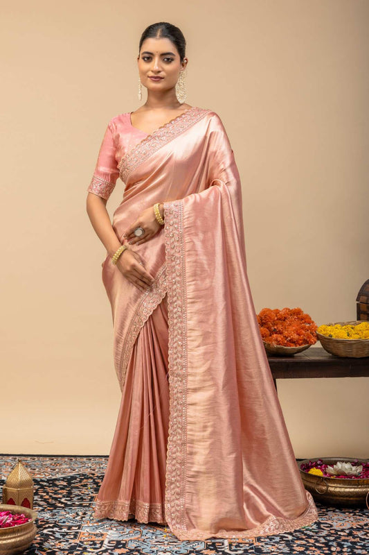Rose Gold Metallic Sheen Soft Satin Silk Saree with Thread & Sequin Cutwork Lace Border