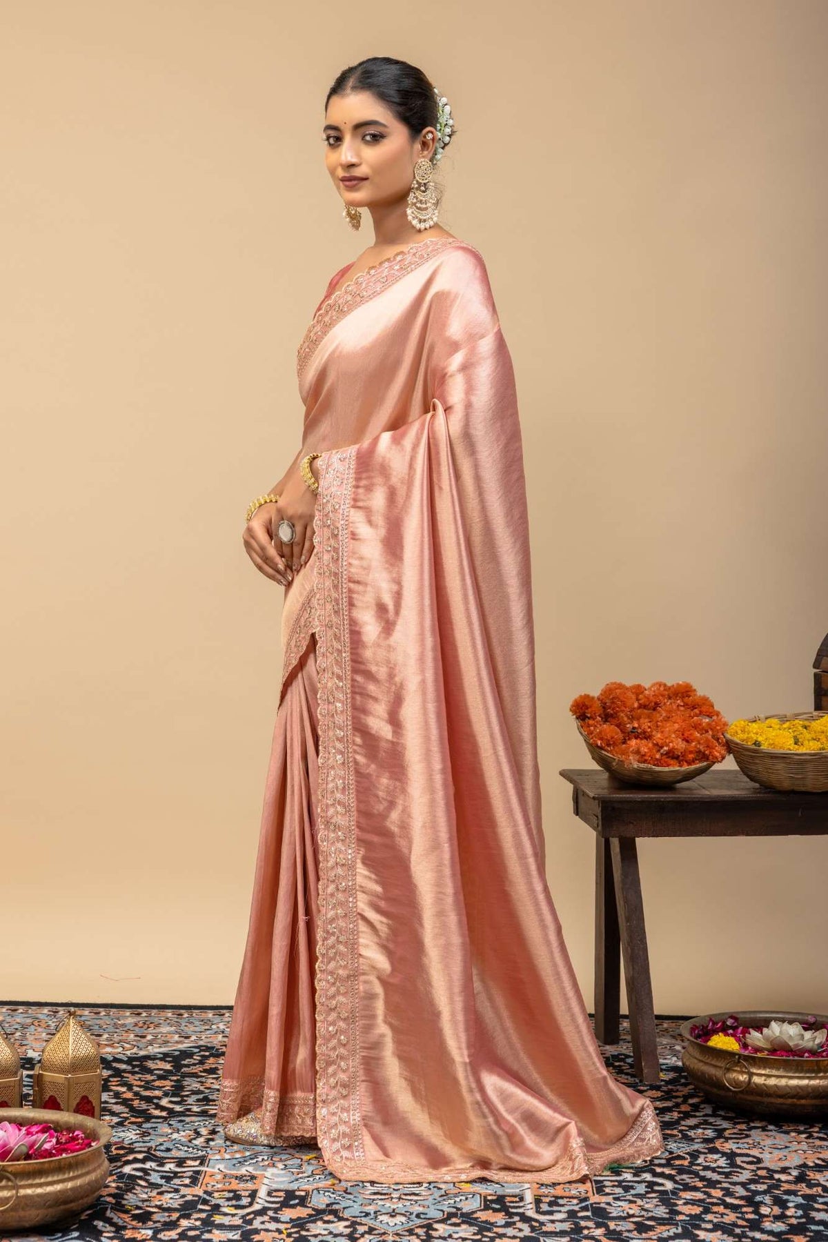 Rose Gold Metallic Sheen Soft Satin Silk Saree with Thread & Sequin Cutwork Lace Border