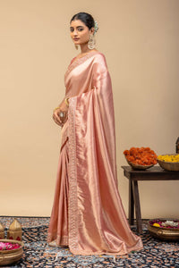 Rose Gold Metallic Sheen Soft Satin Silk Saree with Thread & Sequin Cutwork Lace Border