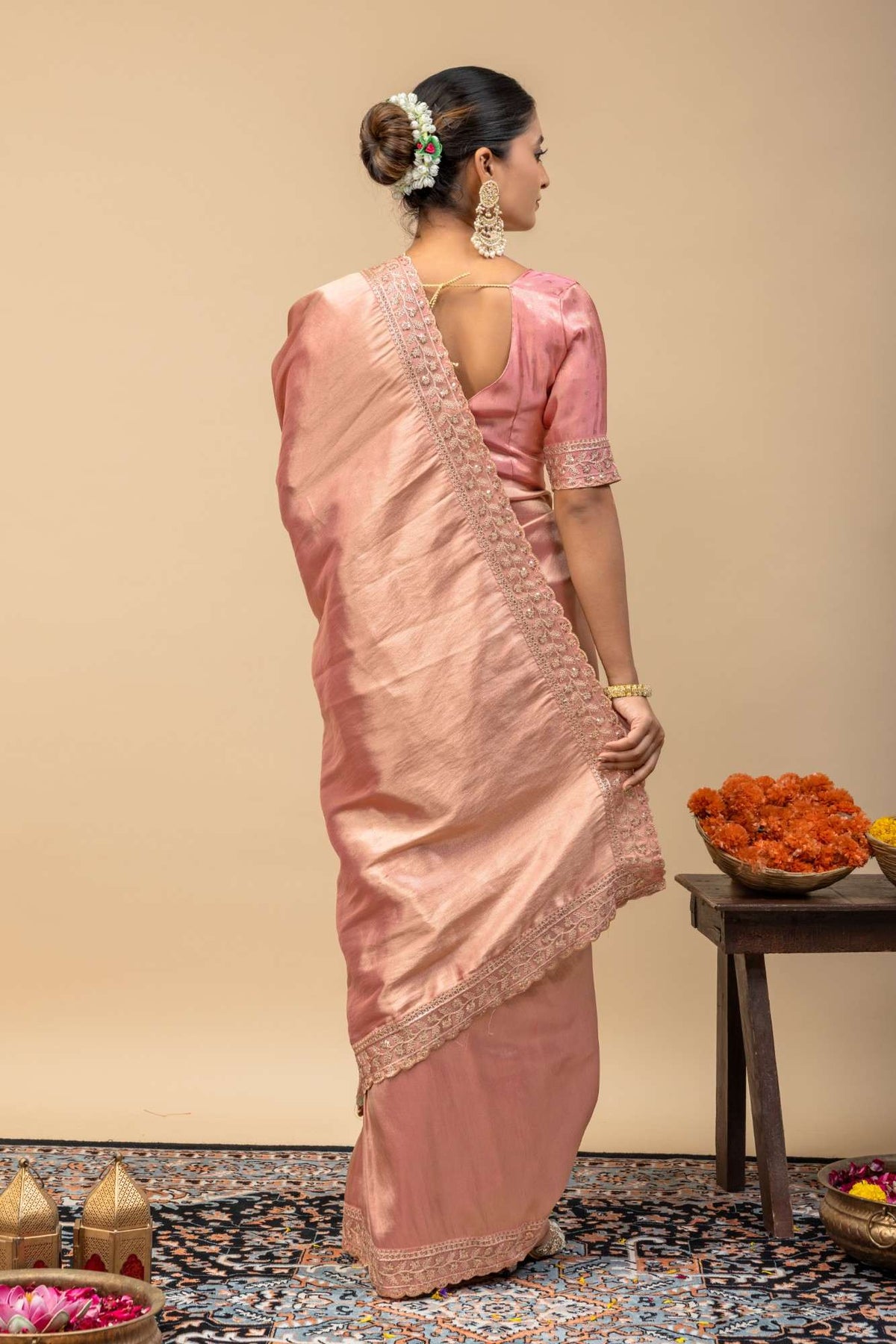 Rose Gold Metallic Sheen Soft Satin Silk Saree with Thread & Sequin Cutwork Lace Border