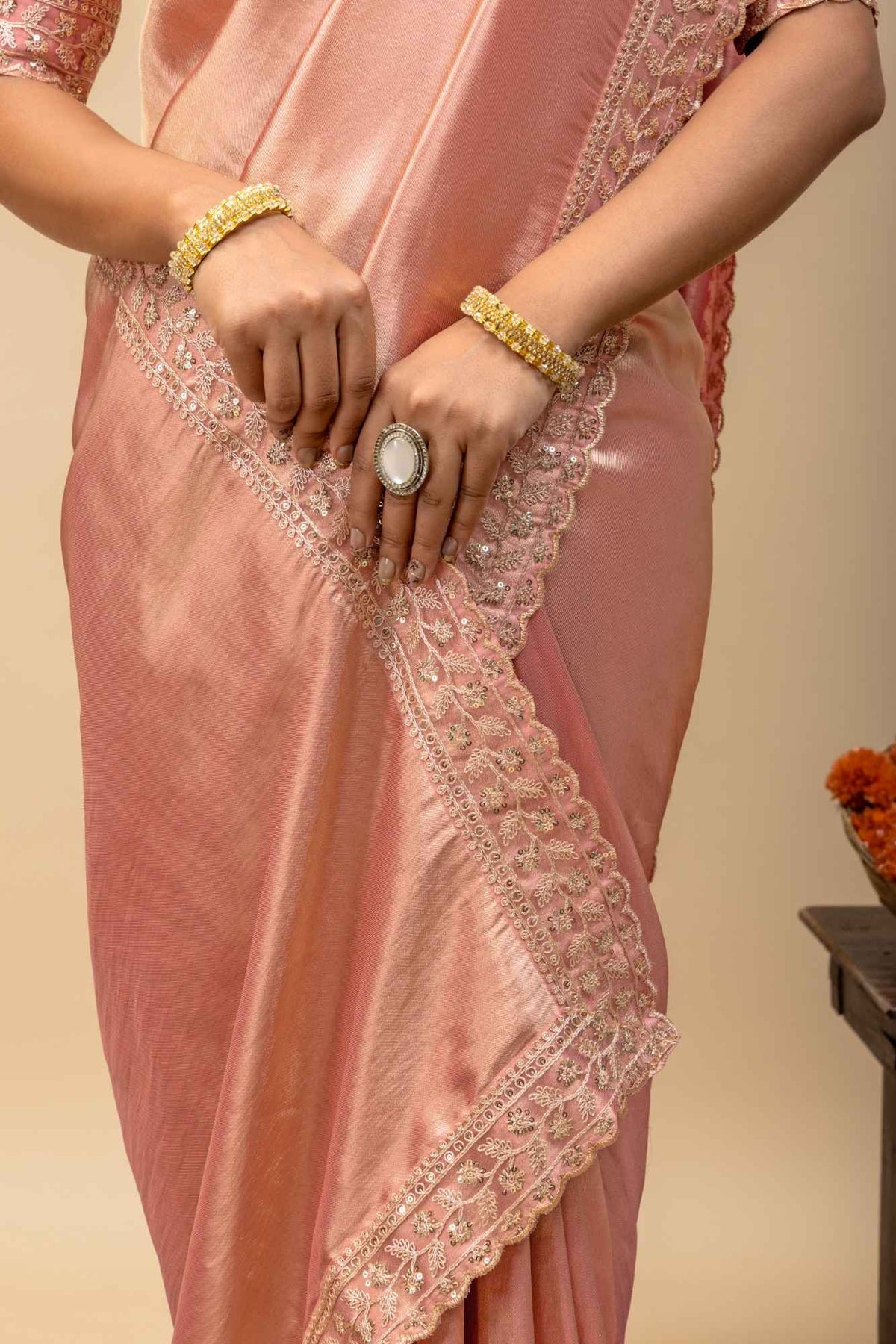 Rose Gold Metallic Sheen Soft Satin Silk Saree with Thread & Sequin Cutwork Lace Border