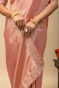 Rose Gold Metallic Sheen Soft Satin Silk Saree with Thread & Sequin Cutwork Lace Border